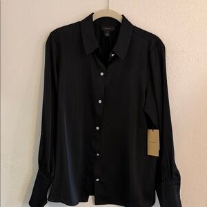 Halogen Black Long-Sleeve Button Down Shirt with crystal buttons.